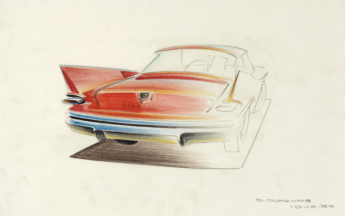 "1960 Chrysler," 1956, Dave Cummins, American; prismacolor on vellum. Collection of Brett Snyder.